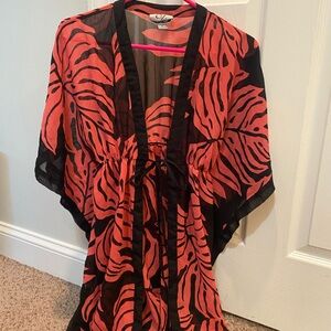 Chic Black and Red Leaf Print‎ Swim Coverup